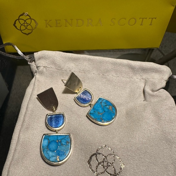 Kendra Scott gold Luna earrings, turquoise, lapis lazul - Picture 4 of 5